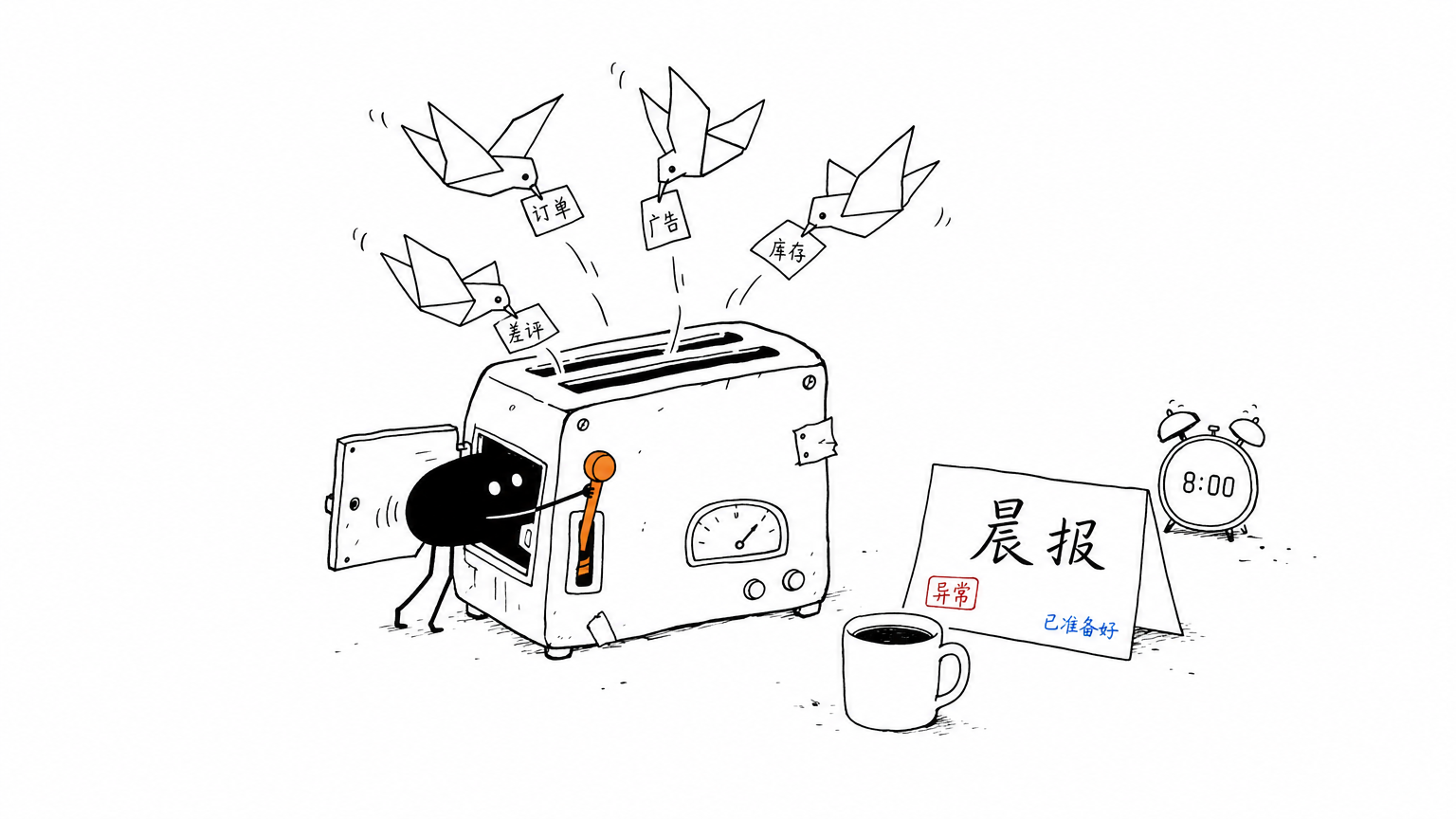 一台清晨简报机吞进订单、广告、库存和差评纸条,在八点前吐出一张决策简报